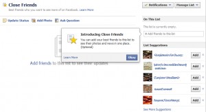 Screenshot shows updated Close Friends list controls page on Facebook